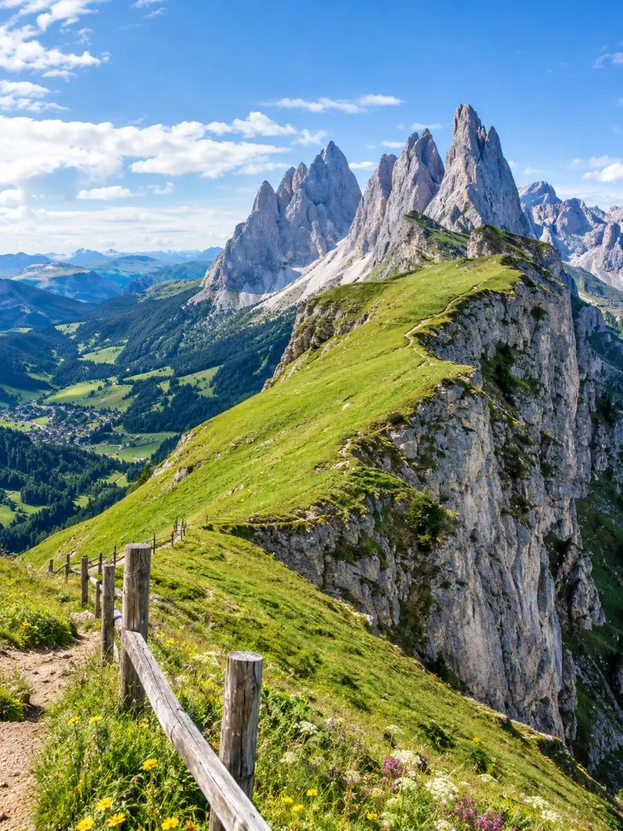 The Seceda ridge seen from the summit area: fence posts and wildflowers in front, the sheer crest and the Odle needles behind